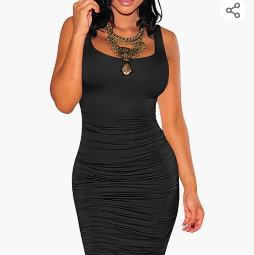 BEAGIMEG Women's Sexy Ruched Bodycon Casual Solid Sleeveless Tank Midi Dress